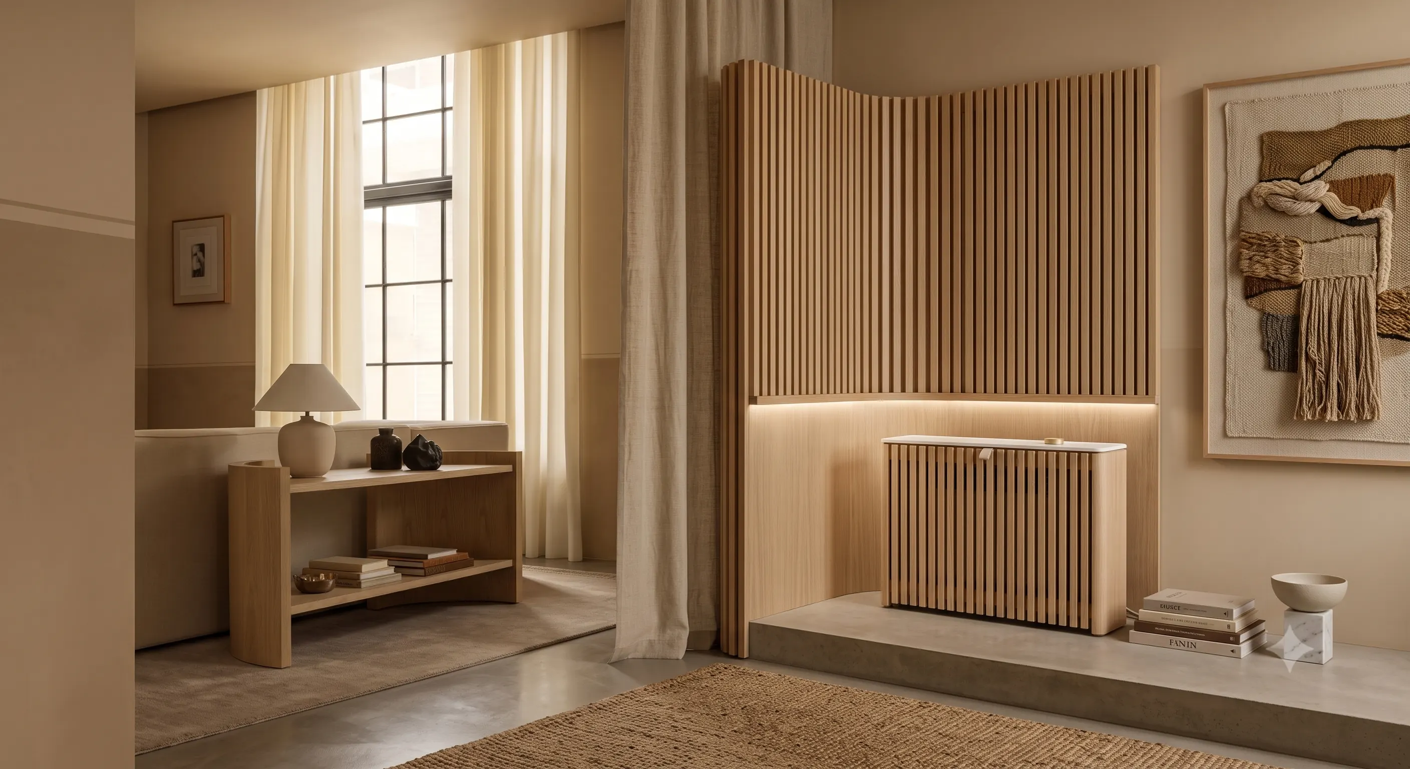 Frejair unit against a curved ash slat wall